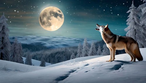 A wolf in a winter landscape howls at the full moon, AI generated