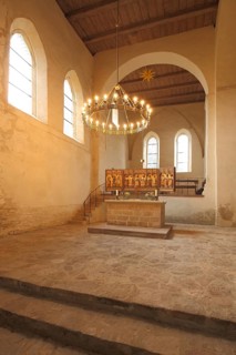 Interior view with chandelier of the Romanesque Drübeck Monastery, Harz Mountains, Lower Saxony,