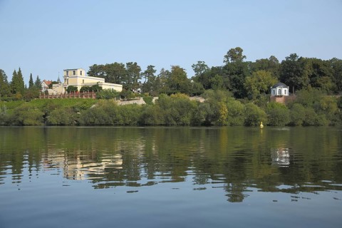 View over the Main River of the Roman Villa Pompejanum and Breakfast Pavilion in the Palace Garden,