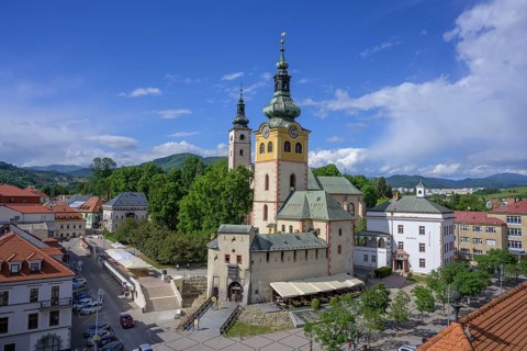 View from the clock tower to the town castle Mestsky Hrad, Banská Bystrica, Banskobystrický kraj,