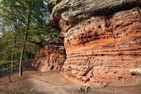Old castle rock, red sandstone rock formation, natural and cultural monument, Brechenberg near