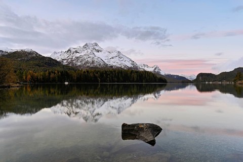 Morning atmosphere at Lake Sils behind Piz da la Margna, Sils, Engadin, Canton Graubünden,