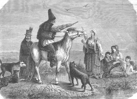 Peasants in country traditional costume in Bukovina, 1869, formerly Austria, today Ukraine,