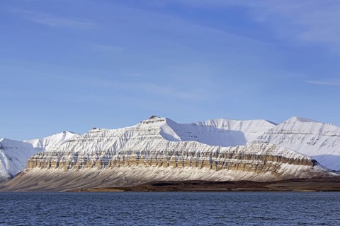 Snow covered mountains at Billefjorden, central fjord of the Isfjorden, Svalbard, Spitsbergen,