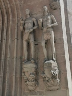 Adam and Eve at the main portal, Morizkirche, Evangelical Lutheran Town Church of St. Moriz,