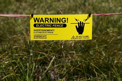 Sign, warning of electric fence, cattle pasture, Puez-Odle nature Park, Seceda, Trentino, South