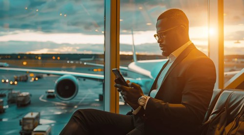 Black businessman waiting in the airport for plane while checking messages and emails on his phone,