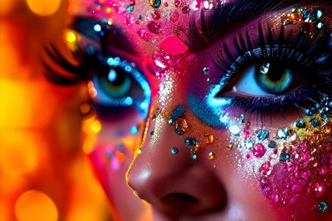 Close up portrait of an intricate eye makeup with vividly colored eyelids, AI generated
