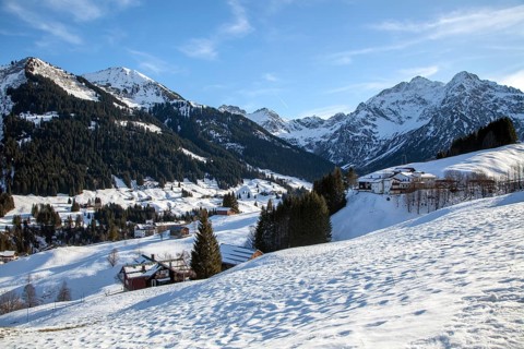 Snowy landscape, behind Widderstein and Kleiner Widderstein, near Mittelberg, Kleinwalsertal,