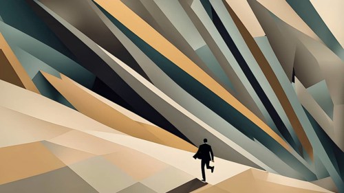 Abstract illustration in geometric shapes of a man in hurry, AI generated