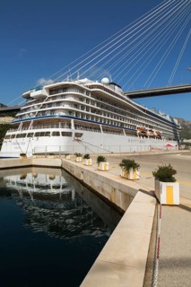 Docked Viking Sea cruise ship and Franjo Tudman bridge, Port of Gruz, Dubrovnik, Croatia, Europe