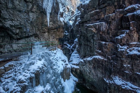 Winter, snowy landscape, icicles, river Breitach and hiking trail through the Breitachklamm gorge