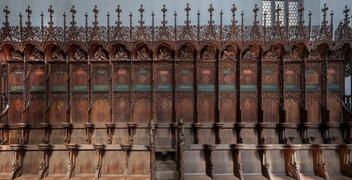 Late Gothic choir stalls from 1507, St Martin, Memmingen, Bavaria, Germany, Europe