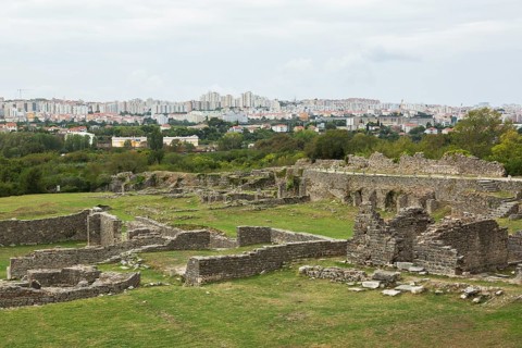 High angle view of old stone wall structures at ancient 3rd century Roman ruins of Salona near