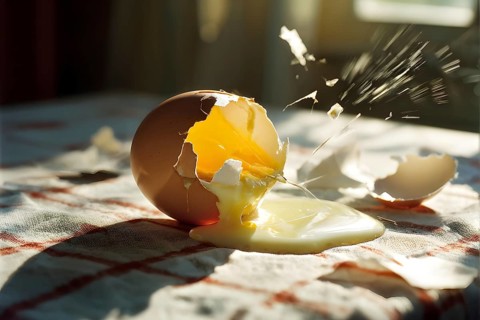 Cracked egg partially spilled on a checkered tablecloth, AI generated