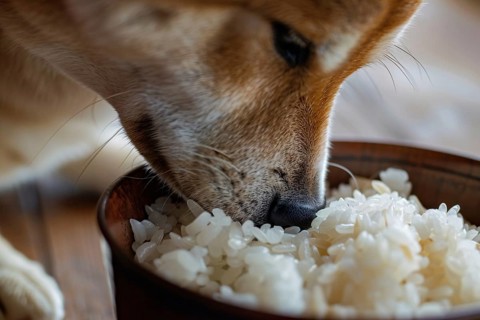 Dog eating light food rice out of bowl. Generative Ai, AI generated