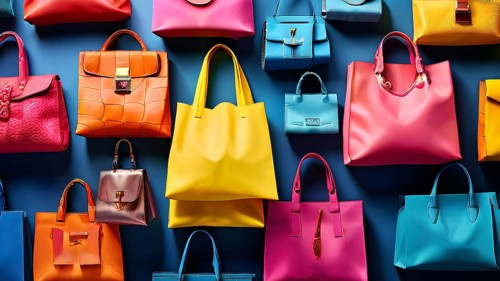 Assorted vibrant shopping bags lined up in front of a colored background, AI generated