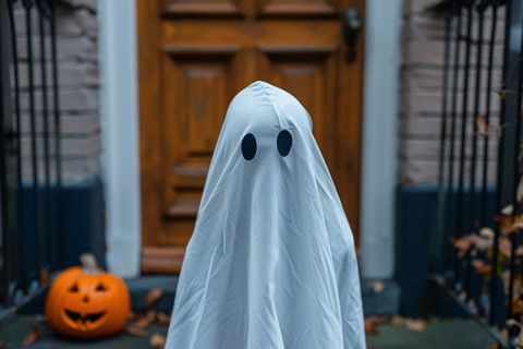 Child dressed up with Halloween ghost costumes to play trick or treat. Generative Ai, AI generated