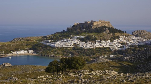 Evening light or late afternoon light, Acropolis and St John's Fortress of Lindos, Lindos village,