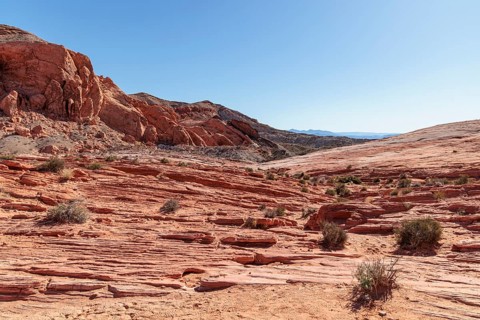 Layered rock formations along the Fire Wave Trail at Valley of Fire State Park near Overton,