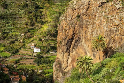 One of the twin rocks Roques de San Pedro, landmark of Hermigua, La Gomera, Canary Islands, Spain,
