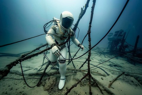 Futuristic humanoid robot entangled in submarine communication cables, AI generated