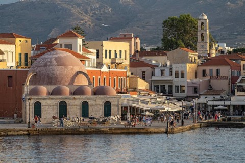 The Hasan Pasha Mosque and the old town at the old Venetian harbour, Chania, Crete, Greece, Europe