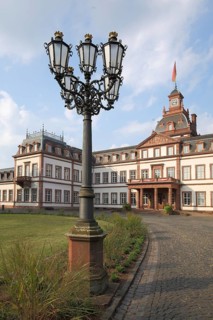 Candelabra and street lamp in the park of Philippsruhe Castle, Kesselstadt, Hanau, Hesse, Germany,