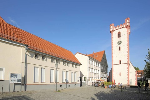 Historic fortified defence tower in front of St. Johann Baptist Church, Kardinal Volk Platz,