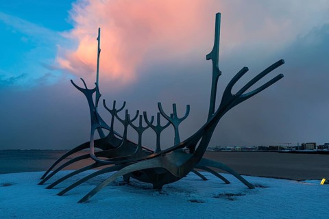 Viking Ship Sculpture at Sunset, Sun Voyager, Reykjavik, Reykjanes Peninsula, Sudurnes, Iceland,