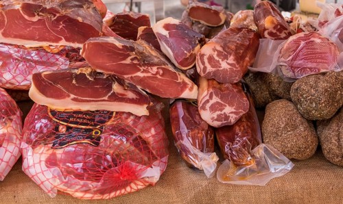 Market stall with various types of ham, Majorca, Balearic Islands, Spain, Europe