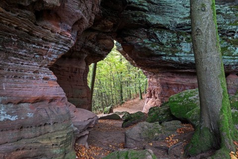 Old castle rock, red sandstone rock formation, natural and cultural monument, Brechenberg near