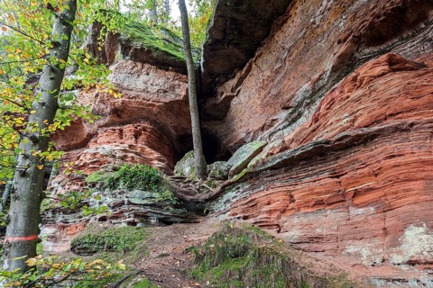 Old castle rock, red sandstone rock formation, natural and cultural monument, Brechenberg near