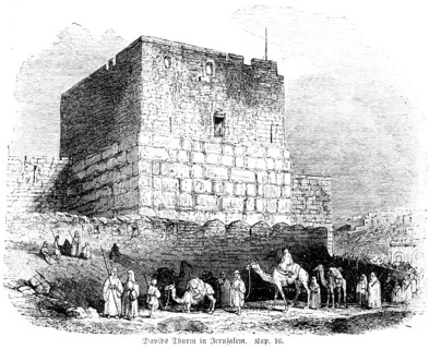 David's Tower in Jerusalem, king, tower, square, people, camels, bible, Old Testament, First Book