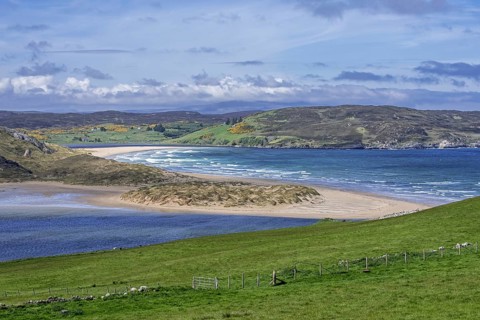 Torrisdale Bay and sandy beach at the mouth of the River Naver near Bettyhill and Invernaver,