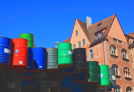 In the historic centre of Nuremberg, art with barrels in front of the Neues Museum Nuremberg,