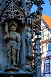 Detail of late Gothic market fountain from around 1500, Bad Urach, Swabian Alb, Baden-Württemberg,