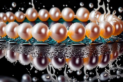 Pearl necklace in the water with splashes, drops and reflections, AI generated