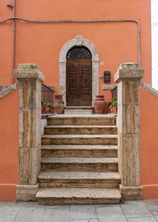 Door with staircase, Sorano, Tuscany, Italy, Europe
