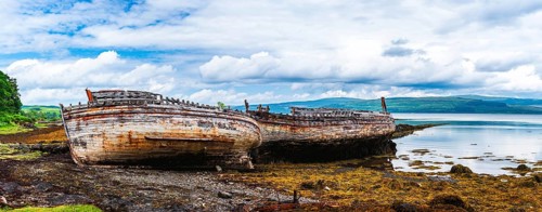 Panorama of Ships wrecks, Salens, Isle of Mull, Scottish Inner Hebrides, Scotland, UK
