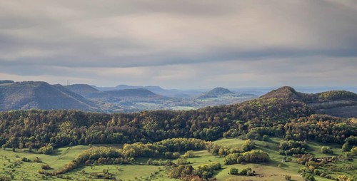 View from Hohenneuffen Castle, Beuren, Albtrauf, Swabian Alb, Baden-Württemberg, Germany, Europe