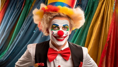 A clown in mask, red nose and costume, AI generated, AI generated