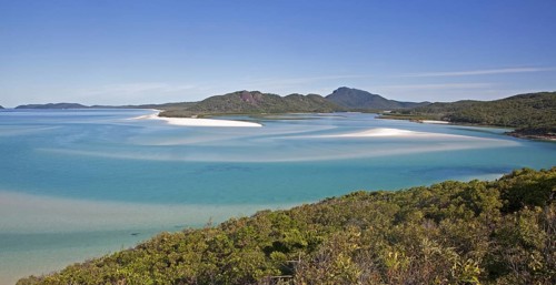 Areal view of white sandy beaches and turquoise blue water in the bay of Whitehaven Beach on