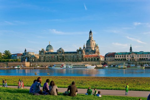 Dresden silhouette, with view from Neustädter Elbufer to Dresden's historic city centre