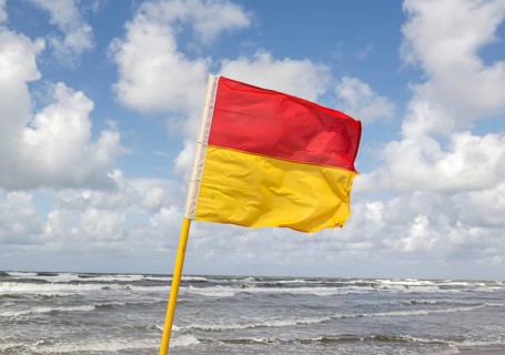 Bathing area marked with a red-yellow flag and secured by lifeguards, Vejers, Denmark, 17 07 2023,