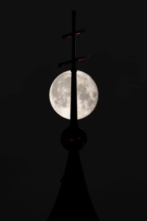Moon, church spire, Bad Feilnbach, Bavaria, Germany, Europe