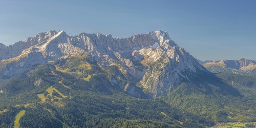 Panorama from Wank, 1780m, onto the Wetterstein Mountains with Alpspitze 2628m, Jubiläumsgrat and