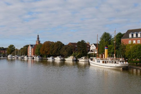 Boats at the leisure harbour on the river Leda, Leer, East Frisia, Lower Saxony, Germany, Europe