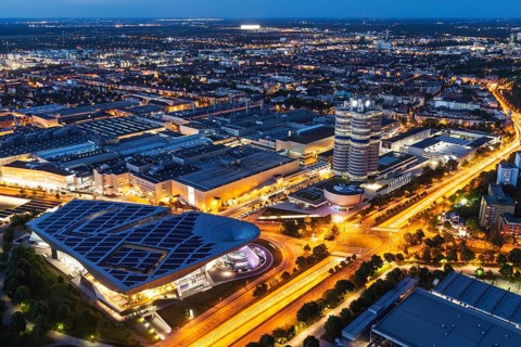 MUNICH, GERMANY, MAY 11: Aerial view of BMW Museum & BWM Welt & factory from Olympic Tower in the
