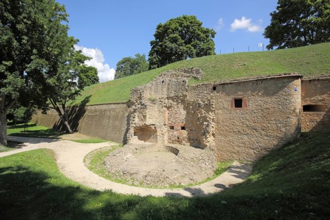 Remains of the historic fortress, stone wall, Rüsselsheim, Hesse, Germany, Europe